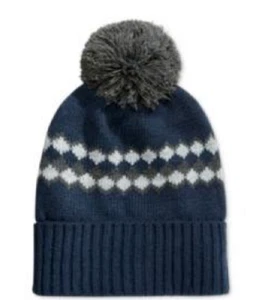 $125 Club Room Men New Unisex Blue Gray Pom Winter Fair Isle Hat Cap Beanie O/S - Picture 1 of 2