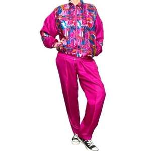 90's Vintage Bright Pink Geometric Silk Track Suit Jacket Pants Set Large Retro - Picture 1 of 10