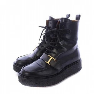 Tod'S Timeless Lace-Up Boots Short Thick Sole Leather 24Cm Black /Kh Women'S - Picture 1 of 8