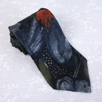 Gravata de seda Ermenegildo Zegna azul verde vermelho arte abstrata pintura floral 56" 3,75" - Imagem 1 de 4