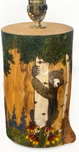 Rustic Log Lamp w Wood Burned Bears Trees by Moreau Woods Cabin Lodge Colorado - Picture 1 of 11