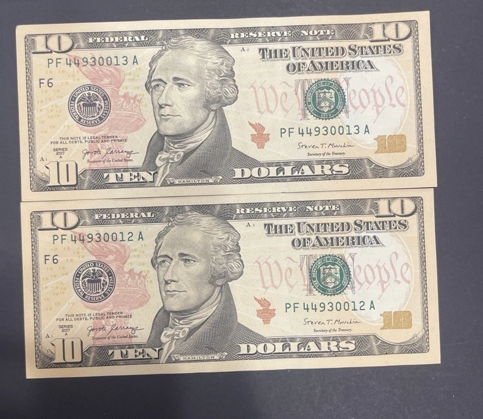 Series 2017A $10 Uncirculated TEN Dollar Bills Sequential Notes LOT of 2 - Image 1 of 1