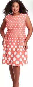 London Times Women's Polka Dot Fit & Flare Dress, Coral/White, Size-20W - Picture 1 of 7