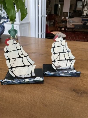 Sujetalibros cortalibros vintage de metal pintado a mano para barcos navegando Foto 1 de 4