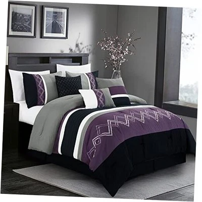  Arden 7 Piezas Moderno Plisado Rayas California King Púrpura/Negro/Gris/Blanco Foto 1 de 4