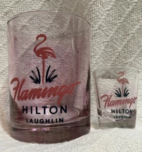Flamingo Hilton Laughlin NV Pink Rocks Glas & rosa Schnapsglas "nicht mehr geöffnet" - Bild 1 von 5