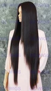 Dark Brown Extra Long Straight Heat OK Lace Front Human Hair Blend Wig EVFN 4 - Picture 1 of 8