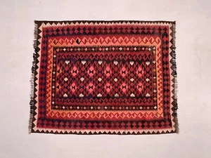 Vintage Afghan Tribal Kilim Wool Rug 185x150 cm Red,, Brown, Black Large 1923 - Picture 1 of 9