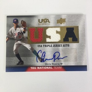CHRIS RIVERA 2009 UD USA BASEBALL GAME-USED 3 COLOR TRIPLE PATCH AUTO