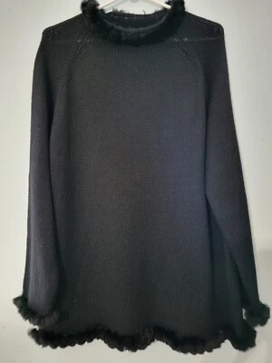 Suéter Pullover Oscar de la Renta 100% Lana Negro 2X Borde de Piel Sintética Súper Suave Foto 1 de 4
