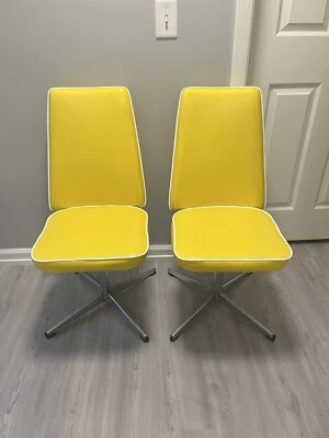 Mid Century Modern Yellow Dining Chairs - Set of 2 Vinyl Swivel Chairs - Image 1 of 4