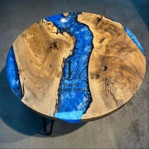 Round Blue Epoxy Resin Tabletop | Ocean Wave Design | Handmade Coastal Furniture - Picture 1 of 3