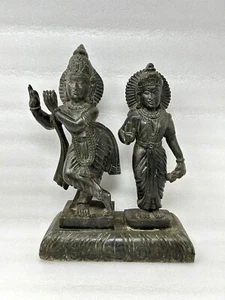 Ancient Rare Black Marble Stone Fine Hand Carved Hindu Lord Radha Krishna Statue - Picture 1 of 10