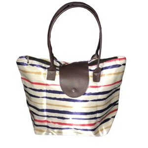 BOLSO DE MANO/TOTE PLEGABLE AZUL ROJO AMARILLO CREMA RAYAS 11X15X5 - Imagen 1 de 6