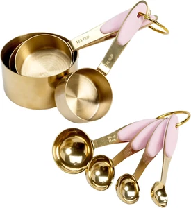 Measuring Cups and Spoons Set, Stainless Steel with Pink Silicone Inset Handle, - Picture 1 of 12