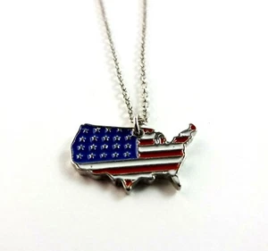 Flag Necklace Red White Blue USA Map Silver Chain July 4th Memorial Day - Picture 1 of 10