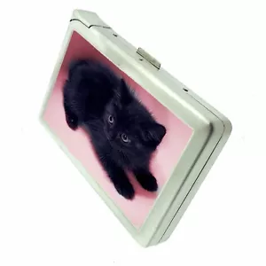 Vintage Black Kitten Pink Cigarette Case with Built in Lighter Metal Wallet - Picture 1 of 5