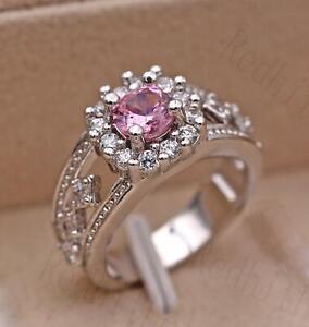 18K White Gold Filled - Pink Topaz Hollow Flower Rhombus Gems Lady Ring Size 8