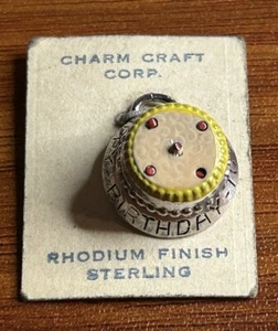 Vintage Sterling Silber Happy Birthday Kuchen mit beweglichen Kerzen Charm - Bild 1 von 4