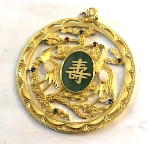 Vintage großer chinesischer Medaillon Anhänger mit Feueropalen Jade & anderen Edelsteinen - Bild 1 von 2