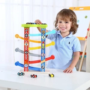 Zummy 3D Holz Schiebeturm ZickZack Rennbahn mit 6 Auto Spielzeug - Bild 1 von 7