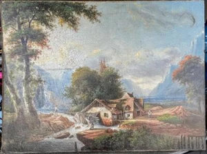 Antique Old French Landscape Oil Painting Germain Postelle House River People - Picture 1 of 12