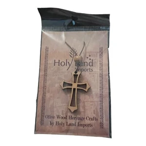 Collana croce intagliata a mano in legno di ulivo importazione Terra Santa 1,5x1,25" Betlemme NUOVA - Foto 1 di 4