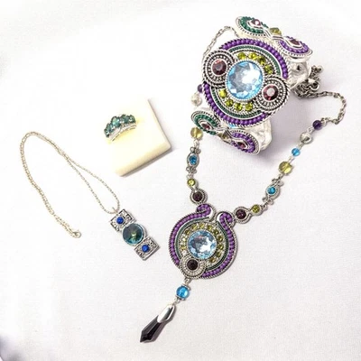 Colección de joyas coloridas piedras preciosas collar pulsera y anillo talla 8 declaración Foto 1 de 4