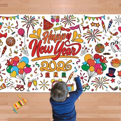 Happy New Year Giant Coloring Poster/Tablecloth - New Years Decorations 2026-... - Image 1 of 4