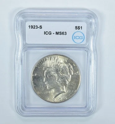 1923-S Peace Silver Dollar MS63 ICG *1722 - Image 1 of 4