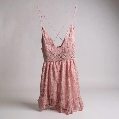 Vestido FP One Free People Rosa Encaje Cruzado Espalda Pañuelo Dobladillo Talla S Foto 1 de 4