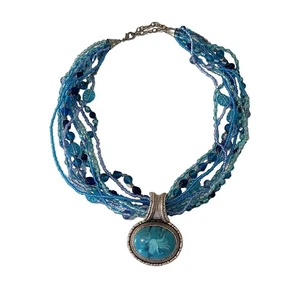 Halskette mit blauen Saatperlen-Anhänger und Cabochon in Silber & Türkis - Bild 1 von 7