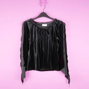 VINTAGE 90s black split flare goth boho hippy velvet Blouse tie Top small 8 xs - Picture 1 of 8