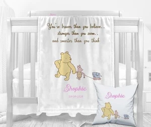 Baby blankets Pooh bear fleece personalised shawl, COMFORTER,BABY SLEEPSUIT SET - Picture 1 of 2