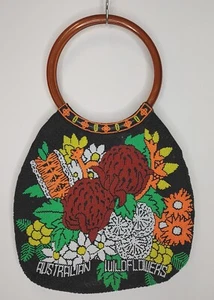 Australian Beaded Purse Wildflowers Amber Colored Round Handles Lined Vintage - Picture 1 of 9