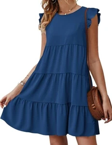 KIRUNDO 2023 Women's Summer Dress Sleeveless Ruffle Sleeve Round Neck Mini Dress - Picture 1 of 6