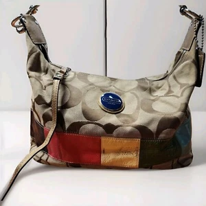 BORSA A TRACOLLA COACH F15586 USATA PELLE/JACQUARD FIRMA RIGHE MULTICOLORE HOBO/ - Foto 1 di 21