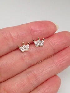925 Sterling Silver Dainty Cz Gold Crown Stud Earrings Tiny Studs Women Kids 8mm - Picture 1 of 10