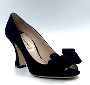 MIU MIU Black Suede Pumps Leather Peep Toe Double Bow 37.5 7.5 Shoes Heels - Picture 1 of 8