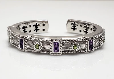 Brazalete con bisagras Judith Ripka de plata esterlina peridoto amatista talla grande Foto 1 de 4