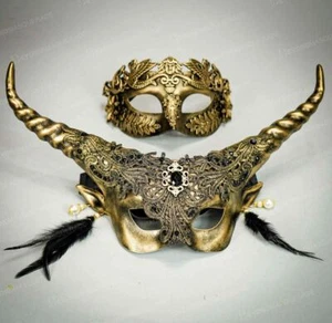 Couples Masquerade Masks for Halloween Couple's Masquerade Ball Masks Gold Horns - Picture 1 of 4