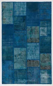 New Handmade Patchwork Rug in Shades of Blue for Modern Home & Office Decor - Picture 1 of 5