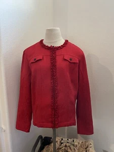 Ruby Rd Women's Red ruffled front 3/4 sleeve dressy Jacket Zip Size 16 - Picture 1 of 14