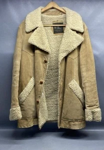 London Fog Men's Suede Winter Jacket Faux Sherpa Fur Lined 46L Button Tan 90s - Picture 1 of 11