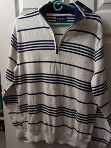 NWT CHAPS M Men's Cream/Navy Blue Striped 1/4 Zip L/S Mock Neck  Knit Sweater - Picture 1 of 9