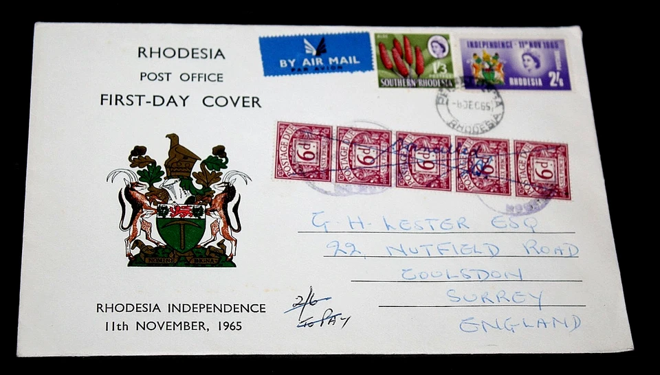RHODESIA 1965 INDEPENDENCE ISSUE MULTI FRANKED WITH POSTAGE DUE FIRST DAY COVER - Image 1 of 1