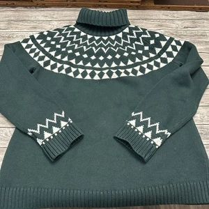 Duluth Trading Forest Green Fair-Isle Turtleneck Chunky Sweater Cotton Wool L - Picture 1 of 9