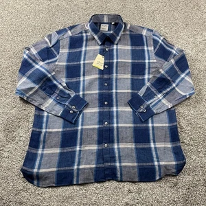 Baird McNutt Shirt Men XL Murano Blue Plaid Button Up Long Sleeve 100% Linen - Picture 1 of 14