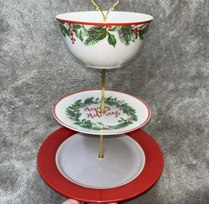 Soporte para servir cerámica de 3 niveles de Navidad con mango dorado fiestas navideñas - Imagen 1 de 8