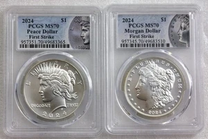2-Coin Set 2024 Morgan & Peace Silver Dollar  First Strike PCGS MS70 - Picture 1 of 2